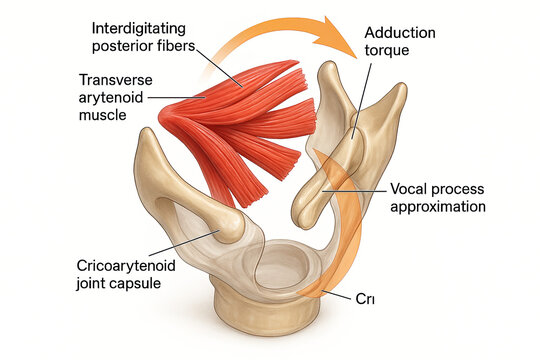 Anatomical illustration of the transverse arytenoid muscle and surrounding laryngeal structures, demonstrating abduction torque and vocal process approximation.