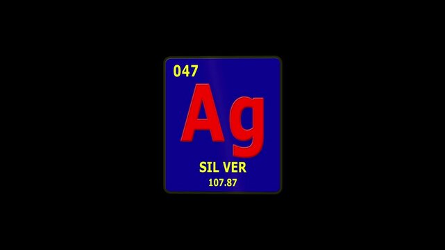 Silver Element 47 of Periodic Table. Seamlessly looping 3D animation on glowing black background.
