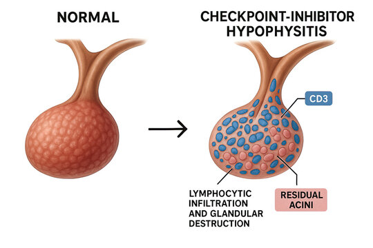 Anatomical illustration comparing a normal pituitary gland to one affected by checkpoint-inhibitor hypophysitis, detailing lymphocytic infiltration and residual acini.