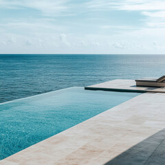 Fototapeta premium A pool with a beach view and a lounge chair. The pool is surrounded by a white tile floor and the water is calm