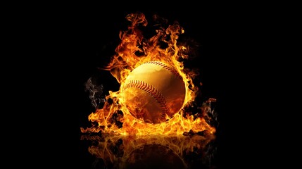 baseball. Baseball with dramatic fiery effect isolated on pure black background with intense flames. event key visuals, club posters, designed for sports event promotions and stadium branding.