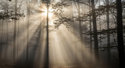 Fototapeta premium Sunbeams pierce through a misty forest, illuminating the trees with a soft, ethereal glow.