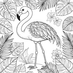 Flamingo surrounded by tropical foliage