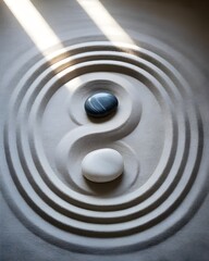 Harmony and Balance Concept - Yin Yang Symbol Created by Light and Dark Stones in a Raked Japanese Zen Garden Sand,
