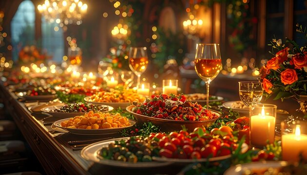 An elegant, candlelit banquet table laden with a lavish feast for a warm, festive celebration.