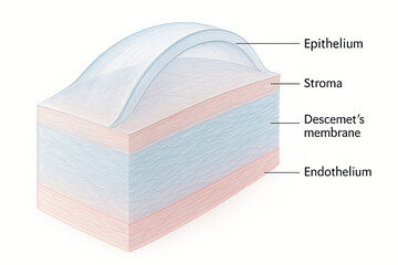 Illustration of the layers of the cornea, including Epithelium, Stroma, Descemet's membrane, and Endothelium.