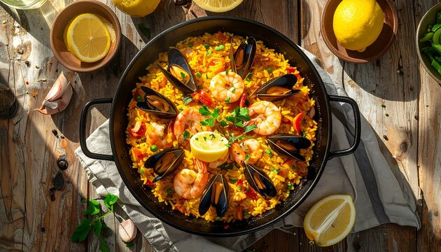Spanish seafood paella in a pan, with saffron rice, shrimp, and mussels, a top-down flat lay.