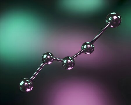 Abstract Science and Research - 3D Render of a Dark Metallic Molecular Structure or Atom Model Floating Against a Gradient Purple and Green Background."