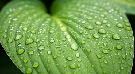 Close up of Dew Drops on a Green Leaf.