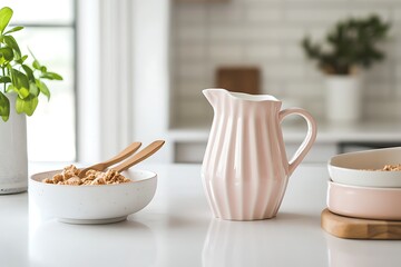A playful ceramic milk jug in a folded carton design, with soft pink glaze, placed beside cereal bowls and a wooden spoon on a white counter --