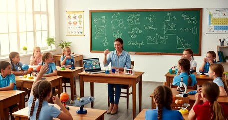 Teacher leading a science experiment in a classroom with young students observing attentively - Powered by Adobe