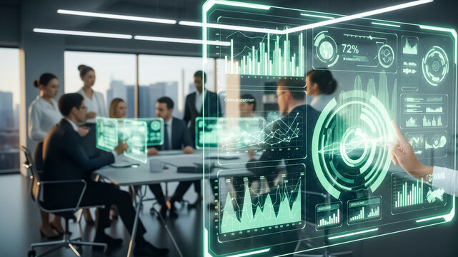 A futuristic office with transparent holographic screens showing eco-friendly growth data