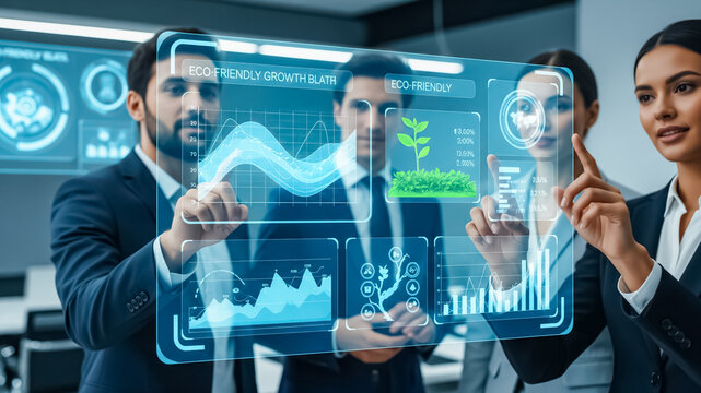 A futuristic office with transparent holographic screens showing eco-friendly growth data, diverse business team collaborating, ultra-realistic 8K.