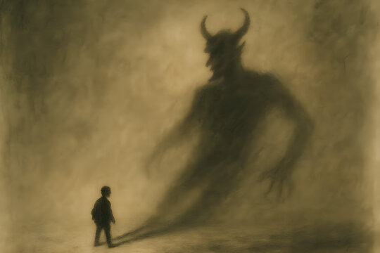 Shadow's Embrace: A child stands small, facing the looming, ominous silhouette of a horned figure in a desolate, sepia-toned scene. An embodiment of fear, challenge, and the internal struggle