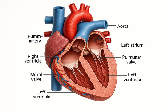 Anatomical illustration of a human heart with labels indicating its different parts including aorta, pulmonary artery, left atrium, pulmonary valve, left ventricle, right ventricle, and mitral valve.