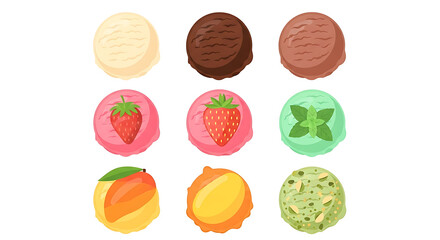 Variety of Colorful Ice Cream Scoops Vanilla, Chocolate, Strawberry, Mango, and More!
