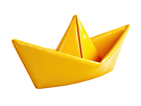 Paper Boat's Golden Voyage: A vibrant paper boat, meticulously crafted and showcasing its elegant form against a backdrop of stark elegance, ready for an adventure. 