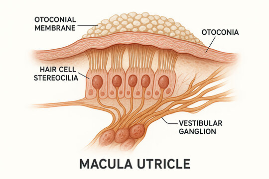 Illustration of the Macula Utricle, showing otoconial membrane, otoconia, hair cell stereocilia, and vestibular ganglion.