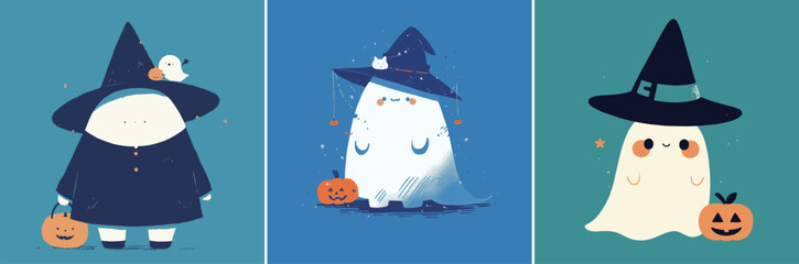 Three adorable ghost characters wear witch hats and hold pumpkins, showcasing a festive Halloween theme filled with whimsy and fun on a vibrant background.