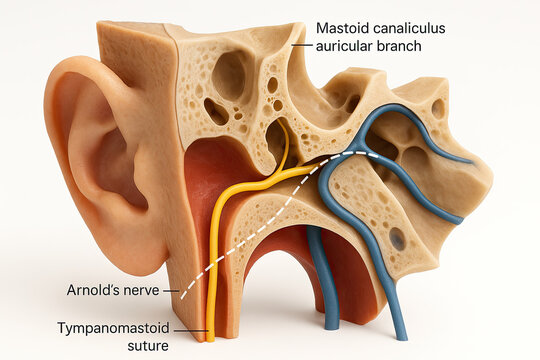 Anatomical model of the human ear, showing the external auricle, tympanomastoid suture, Arnold's nerve, mastoid canaliculus, and auricular branch, with internal structures depicted in detail.