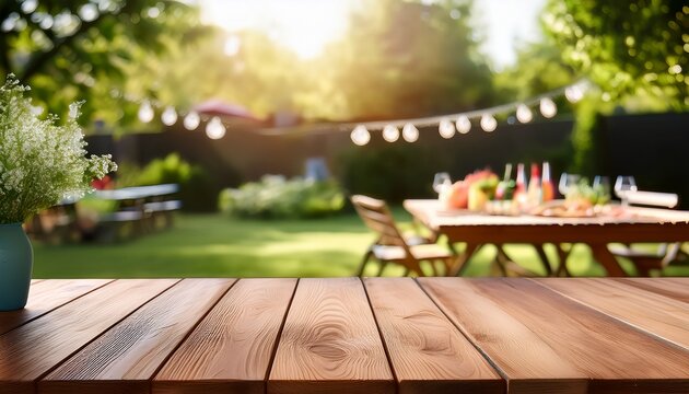 summer time party in backyard with empty wooden table and blurred background