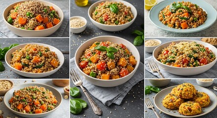 Vibrant, wholesome grain bowls bursting with fresh vegetables and hearty seeds, perfect for healthy eating and culinary inspiration.