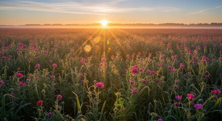 Fototapeta premium A vibrant field of pink wildflowers bathed in the warm, golden light of a rising sun, with gentle mist hovering over the horizon.
