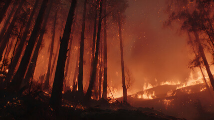 Dramatic Forest Fire with Flames and Smoke in the Night Sky