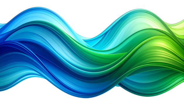 Abstract flowing wave in vibrant blue and green colors on a white background creating a dynamic and modern visual effect.