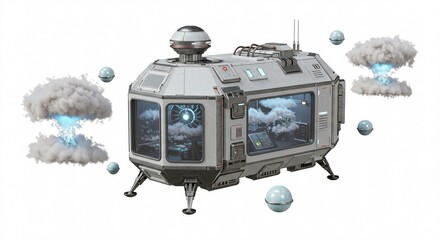 Futuristic science lab pod with glowing mushroom clouds and floating spheres, evoking innovation and cutting-edge technology for impactful projects.