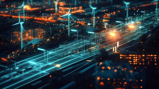 Futuristic city with wind turbines powering clean energy grid - Powered by Adobe