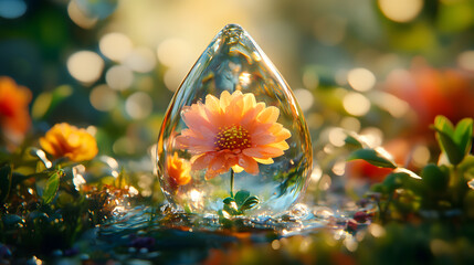 Flower Encased in Water Droplet &ndash; Nature Macro Fantasy Scene