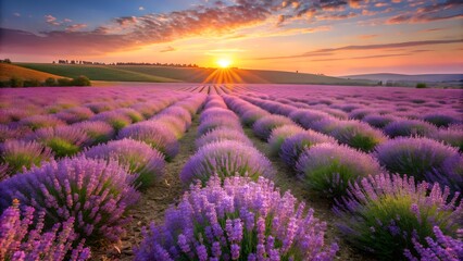 Fototapeta premium Lavender Field at Sunset Aromatic Purple Flowers Under a Colorful Sky