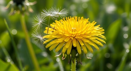 Close up of a vibrant yellow dandelion flower in a grassy field.