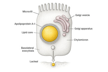 Illustration of a chylomicron formation and transport in an intestinal epithelial cell, showing microvilli, lipid core, apolipoprotein A-I, Golgi apparatus, and exocytosis into a lacteal.