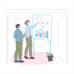 A vector illustration of a team discussing a business growth chart
