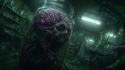 Mutated Skull in Glass Jar &ndash; Dark Sci-Fi Horror Laboratory Environment