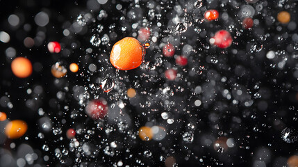 Orange Fruit Splashing in Water with Bubbles and Droplets