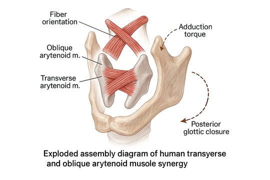 Exploded assembly diagram of human transverse and oblique arytenoid muscle synergy, illustrating fiber orientation, adduction torque, and posterior glottic closure.