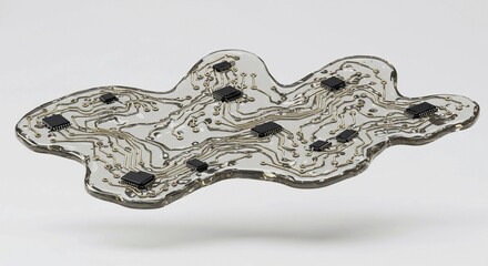 Intricate electronic circuit board pathways embedded within a fluid, organic form, showcasing advanced technology and future innovation in a modern, abstract design.