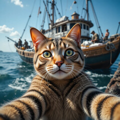 바다와 어선을 배경으로 고양이가 셀카를 찍는 그림