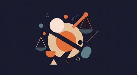 Dynamic abstract geometric composition symbolizing balance and justice with modern design elements and a sophisticated color palette, perfect for legal or business concepts.