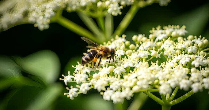 Honeybee foraging on elderflower blossoms in a vibrant garden scene, capturing the essence of