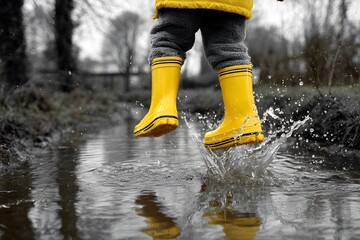 Child Jumping in Puddle with Bright Yellow Rain Boots on a Cloudy Day Outdoors