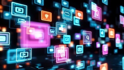 Floating holographic technology icons representing various digital communication and media services. Neon blue, pink, orange glowing symbols on dark background with depth and perspective. - Powered by Adobe