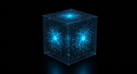 Dynamic holographic cube pulses with vibrant blue energy and glowing binary code, symbolizing advanced data processing, digital transformation, and futuristic innovation in a sleek, modern aesthetic.