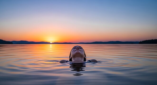A woman's face emerges from calm lake water, looking up towards the sky during a serene golden sunset.