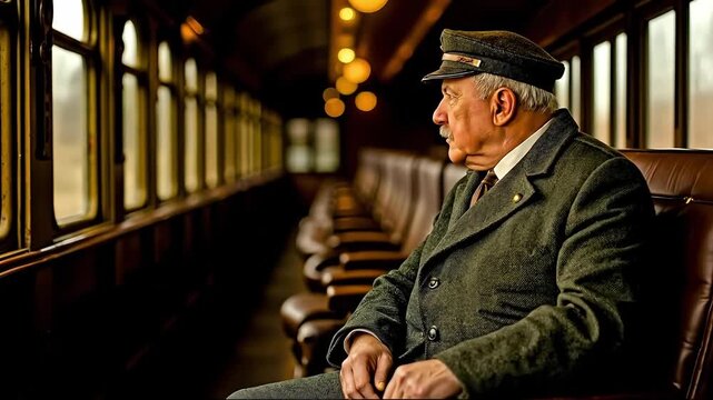 A man in a suit and hat sitting on a train