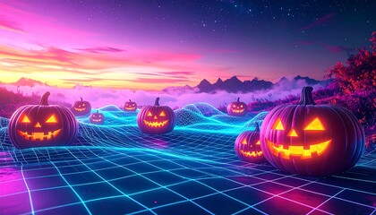 Vibrant synthwave Halloween landscape with glowing jack-o'-lanterns on a neon grid under a colorful sunset sky.