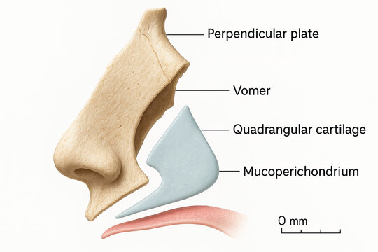 Anatomical illustration of the nasal septum and associated cartilages, showing the perpendicular plate, vomer, quadrangular cartilage, and mucoperichondrium, with a scale bar.